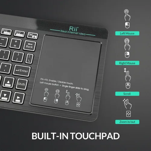 Vista 9 de Rii RT518S - Teclado multifuncional inalámbrico y Bluetooth con retroiluminación de 2 LED de color, modo dual, trackpad multitáctil de gran