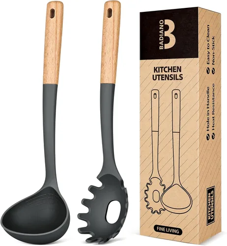 Vista 8 de Juego de tenedor y cucharón para pasta, perfecto para servir sopa caliente, remover y salsa de pasta, silicona mate libre de BPA, cuchara