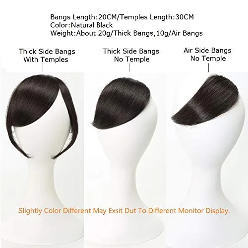 Vista 3 de Dsoar - extensiones de pelo humano real (negro natural, marrón oscuro, marrón claro), Flequillos laterales de aire, Negro natural