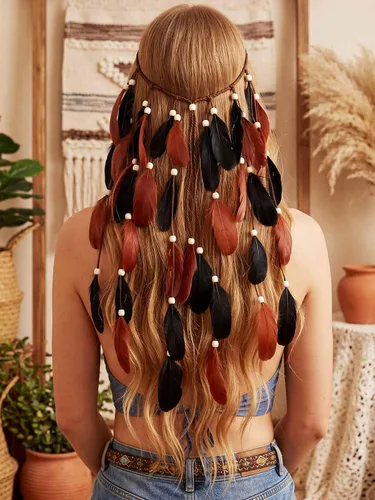 Vista 5 de CAKURE Diadema de plumas bohemias, diadema gitana, diadema hippie india, accesorios para el cabello para mujer