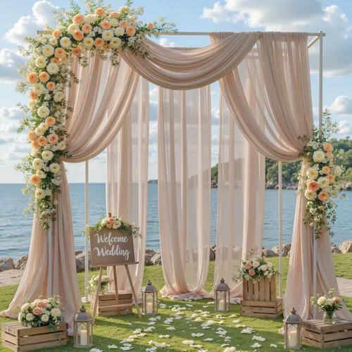 Vista 24 de Tela drapeada para arco de boda, 2 paneles de 18 pies, cortina de telón de fondo transparente negro de gasa para boda, arco, ceremonia, cenefa