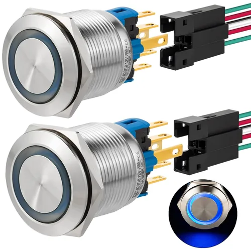 Vista 8 de Interruptor de botón con pestillo de 0.866 in 7/8 pulgadas, 24 V CC/CA SPDT de encendido y apagado, impermeable, IP67, acero inoxidable 304 con Azul