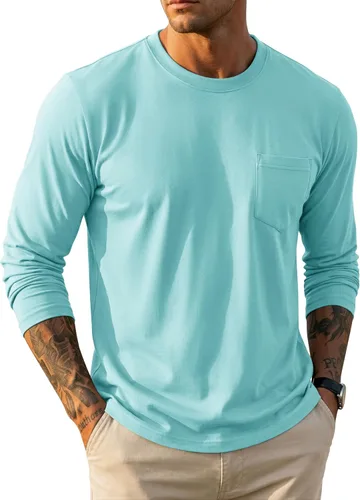 Vista 19 de MAGCOMSEN Camisa de manga larga para hombre con bolsillo, de algodón, cuello redondo, casual, ligera