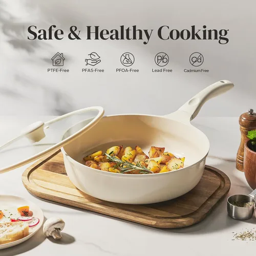 Vista 2 de Redchef Sartén antiadherente para freír con tapa, sartén para saltear de cerámica, libre de PFOA y PFOS, compatible con inducción, mango con ayuda