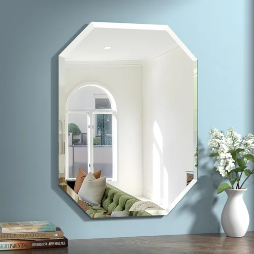 Vista 8 de Espejo de pared plateado de 18 x 24 pulgadas, con borde biselado, sin marco, para baño, tocador, dormitorio, espejos rectangulares