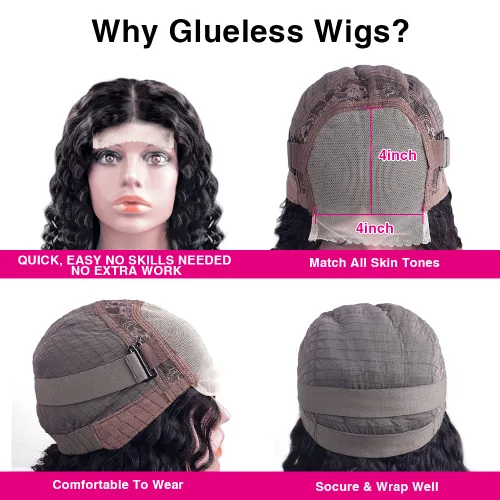 Vista 4 de Wear and Go - Peluca de cabello humano sin pegamento, 4 x 4, encaje frontal profundo, pelucas de ondas profundas, pelucas de cabello humano