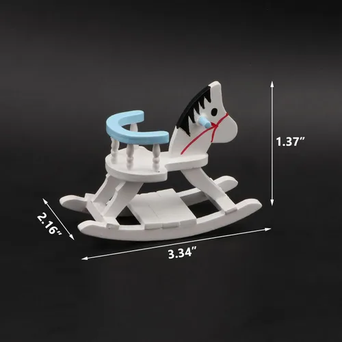 Vista 4 de Silla mecedora en miniatura para casa de muñecas a escala 1:12, accesorios de madera, lindo caballo de caballo, casa de muñecas, decoración de Azul