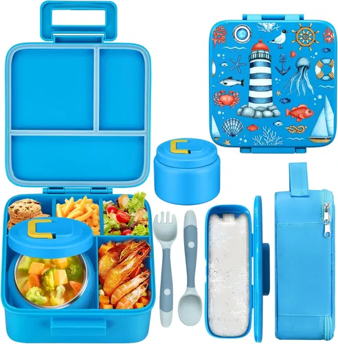Vista 12 de MAISON HUIS Lonchera Bento con termo de sopa de 8 onzas, recipiente a prueba de fugas de 5 compartimentos, tarro térmico para comida caliente