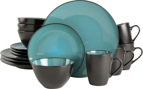 Vista 16 de Gibson Elite Eclipse Swirls Plates and Bowls Sets, 12-Piece Stoneware Dinnerware Sets, Reactive Glaze Dish Set - Black