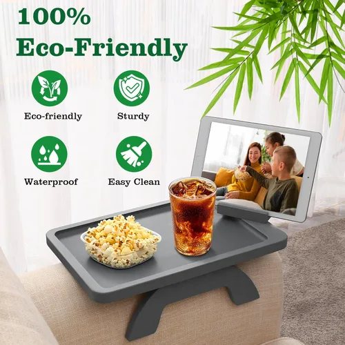 Vista 11 de Mesa de brazo para sofá, mesa de bambú para sofá con soporte para teléfono, mesas con reposabrazos con clip para mesa de reposabrazos, bandeja