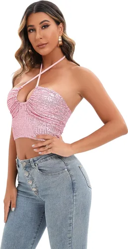 Vista 4 de ELQUCHOU Women Going Out Shiny Sexy Cute Metallic Sequin Crop Top Lace Up Halter