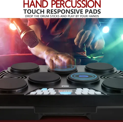 Vista 5 de Pyle, Batería electrónica, almohadilla de batería, 7 almohadillas, Bluetooth, USB, AUX, pantalla LED, 15 kits preestablecidos, más de 300 sonidos