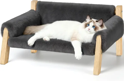 FAMIDGE Sofá Cama Elevada para Gatos para Gatos de Interior - Sofá para Mascotas de Madera con Funda Gruesa Lavable Extraíble, Silla de Salón