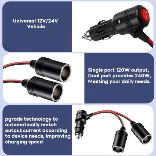 Vista 4 de Divisor para Encendedor de Cigarrillos de Coche, Adaptador Divisor de 12 V para Coche, Soporta Carga Rápida, Divisor de 1 a 2 Puertos de Carga