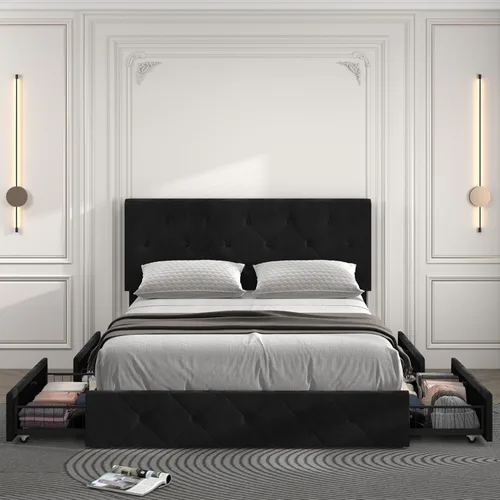 Vista 3 de Queen Size Bed Frame Platform with 4 Storage Drawers, Adjustable Tufted Button Velvet Headboard, No Need for a Box Spring, Wood Slat Support, Easy