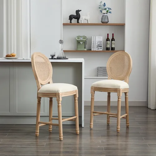 Vista 14 de French Style Solid Wood Frame Linen Fabric Rattan Back Dining Chairs, Table & Chair Sets, Set of 2 for Dining Room, Kitchen, Living Room, Bedroom
