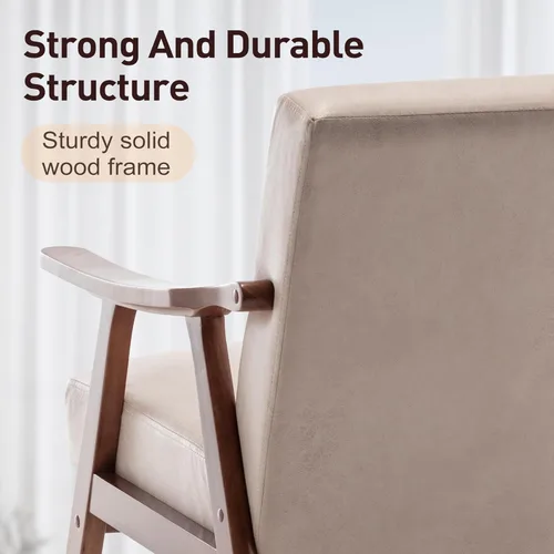 Vista 6 de Furnimart Silla decorativa beige, silla moderna de mitad de siglo para sala de estar con estructura de madera, silla de alas cómoda para oficina