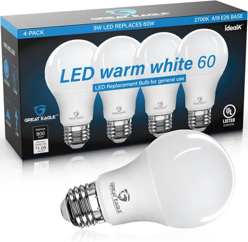Great Eagle - Bombillas LED A19 equivalentes a 60 W, certificación UL, bombillas LED blancas cálidas de 2700 K, 9 W no regulables, 800 lúmenes