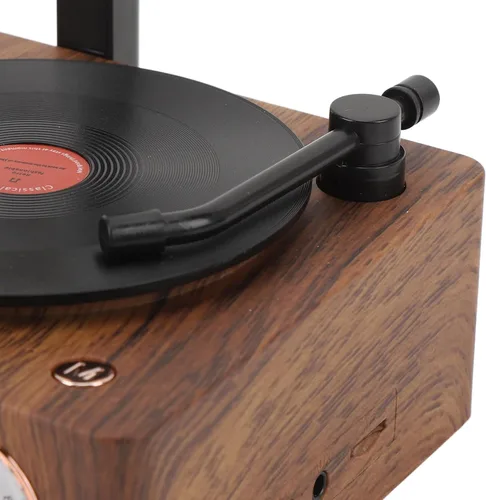 Vista 9 de Tocadiscos vintage, tocadiscos portátil de grano de madera con cuerno de cobre, función de radio FM, altavoz Bluetooth compacto
