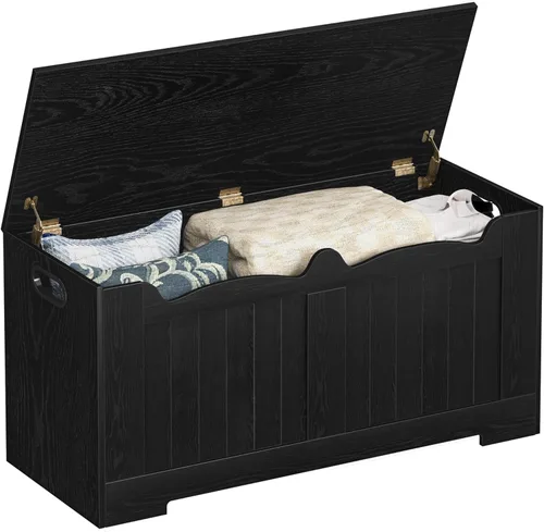 Vista 16 de Hzuaneri Baúl de almacenamiento de 43.3", baúl de banco de almacenamiento extragrande con 2 bisagras, caja de madera, organizador de baúl con tapa