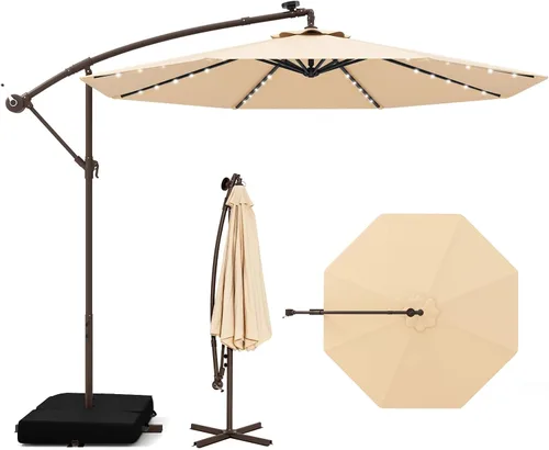 Tangkula Sombrilla de patio de 10 pies con base incluida, sombrilla voladiza para exteriores con 32 luces LED solares, ajuste de inclinación, mango