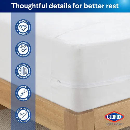 Vista 4 de Clorox Protector de colchón ajustable impermeable, vinilo impermeable, protección duradera contra derrames y manchas, cierre con cremallera