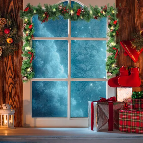 Vista 2 de MorTime Guirnalda de Navidad LED de 9 pies con piñas, lazos de bayas rojas, bolas de Navidad, guirnalda de Navidad multifunción con 50 luces LED