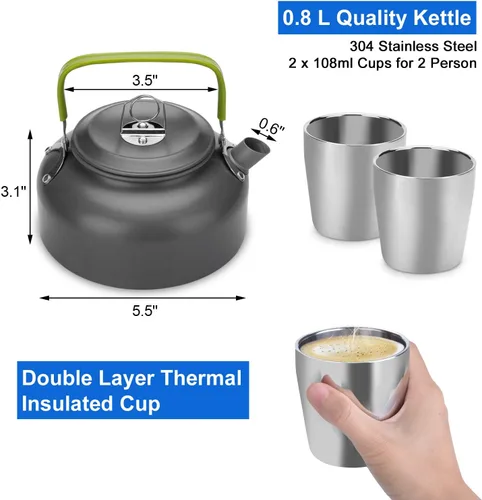 Vista 4 de Odoland Kit de 12 utensilios de cocina para acampar con mini estufa, olla ligera con 2 tazas, kit de cuchara de tenedor para mochileros, camping al