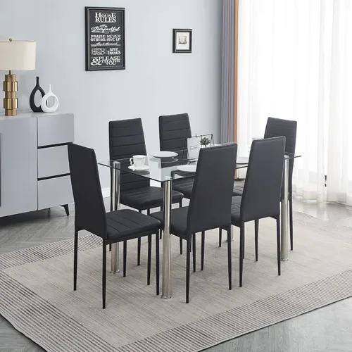 Vista 12 de Juego de mesa y silla de comedor de 7 piezas, juego de mesa de comedor para 6 mesas de cocina con 6 sillas, mesa rectangular de vidrio con 6 sillas