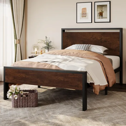 Vista 13 de SHA CERLIN Armazón de cama de plataforma metálica de tamaño completo de 14 pulgadas con cabecero y pie de cama de madera, base de colchón,