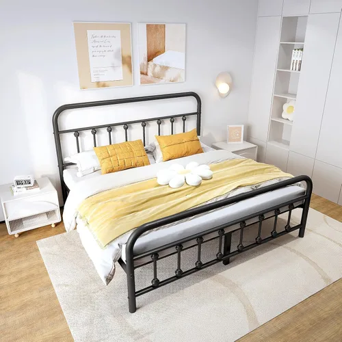 Vista 3 de Vengarus Marco de Cama de Metal, Marco de Cama Tamaño Full con Cabecera, Estructuralmente Estable, con Soporte de Listones de Acero Resistente