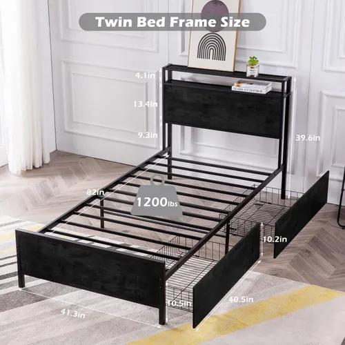 Vista 2 de GAZHOME Base de cama de tamaño individual con 2 cajones de almacenamiento, base de cama de plataforma con cabecera de almacenamiento, soporte