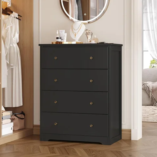 Vista 5 de HOUSUIT Cómoda, Cómodas de 4 Cajones Arcones de Cajones, Cómoda Alta Moderna, Arcón de Cajones de Madera Gabinete de Almacenamiento para Sala