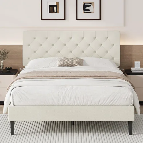 Vista 10 de BarnFurin Marco de Cama Twin, Cama Plataforma Tapizada con Cabecera con Botones Capitoné, Marco de Cama de Tela con Soporte de Listones de Madera