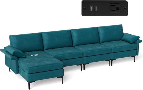 Vista 117 de Giantex Sofá modular de 3 asientos, 100.5 pulgadas de largo convertible con puerto USB y tomacorriente, cojín para reposabrazos, sofá modular