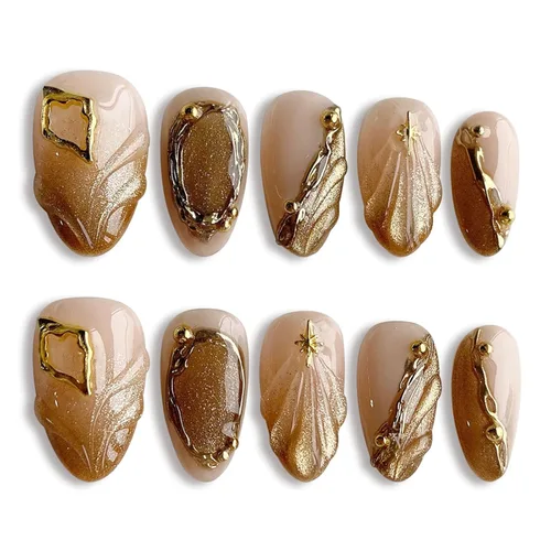 Vista 25 de Uñas postizas a presión en forma de almendra, uñas falsas medianas con diseños de arcos 3D, perlas y strass, puntas francesas, uñas a presión
