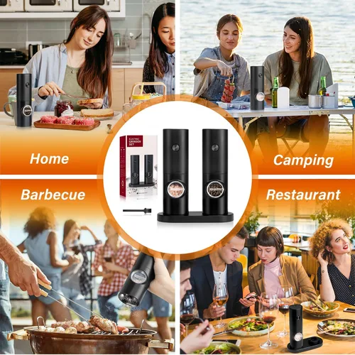 Vista 4 de Juego de molinillo eléctrico de sal y pimienta de 2 piezas - Molinillo automático de sal y pimienta, grosor ajustable, luz LED, operación con una