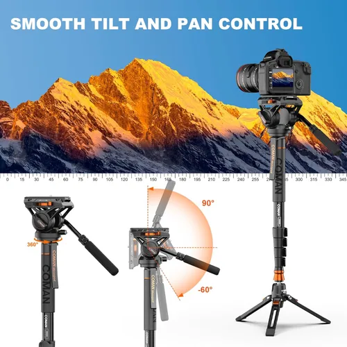 Vista 9 de Monopod de cámara profesional con pies, monopie de video de viaje portátil de aluminio de 73.2 pulgadas con base de trípode extraíble, carga máxima