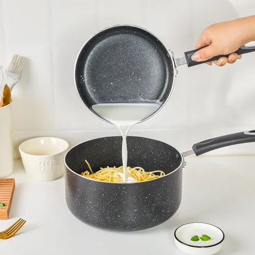 Vista 4 de Cacerola antiadherente con tapa, sartén antiadherente de 1 cuarto y 2 cuartos y 3 cuartos con asa de silicona, pequeña olla de leche con tapa