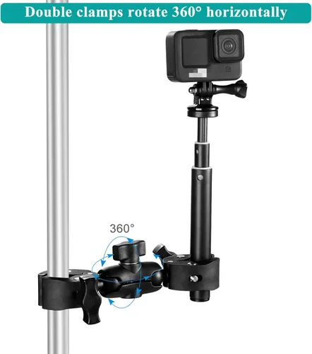 Vista 3 de Abrazadera de doble abrazadera para silla de montaje de cámara, con brazo mágico de 360°, adaptador de cabezal de doble bola para paraguas, poste