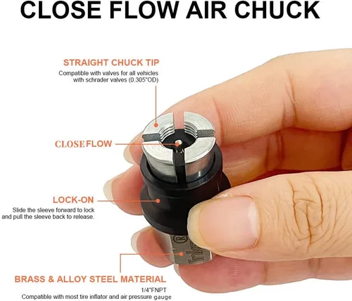 Vista 4 de JINKEY Mandril de Aire con Bloqueo para Válvula Schrader, 1/4" FNPT de Latón Resistente con Flujo Cerrado Recto Mandril de Neumático con Bloqueo