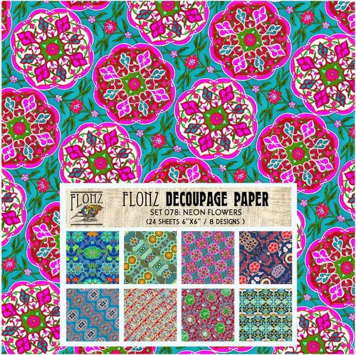 Decoupage - Paquete de papel (24 hojas de 6 x 6 pulgadas), patrón de flores de neón FLONZ, papel de estilo vintage para decoupage, manualidades y
