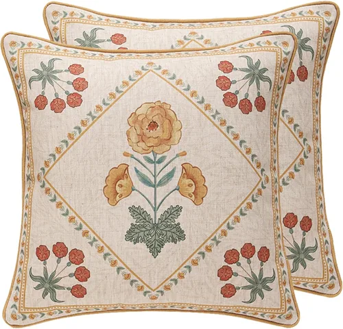 Vista 62 de patdrea Fundas de almohada de diseño floral vintage para sofá, fundas de almohada de lino marrón amarillo con patrón de pájaro y rosa, cojín