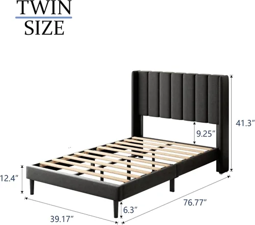 Vista 86 de Base de cama tamaño Queen con cabecera tapizada con respaldo de ala, plataforma de fácil montaje, soporte de listones de madera, no necesita somier