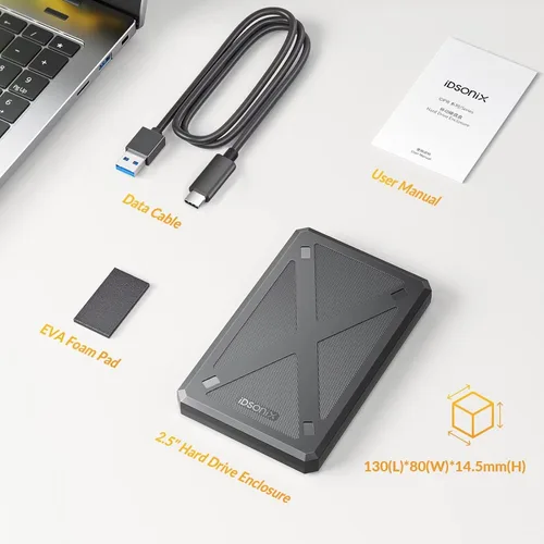 Vista 7 de iDsonix 2.5 inch Hard Drive Enclosure, 6Gbps USB 3.1 to SATA III Tool-Free External Hard Drive Enclosure for 7mm/9.5mm 2.5" SSD HDD with UASP