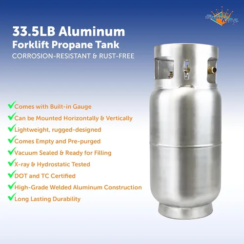 Vista 2 de Flame King tanque de propano de aluminio de 33.5 lb para montacargas con manómetro, cumple con DOT y TC, diseño resistente y liviano