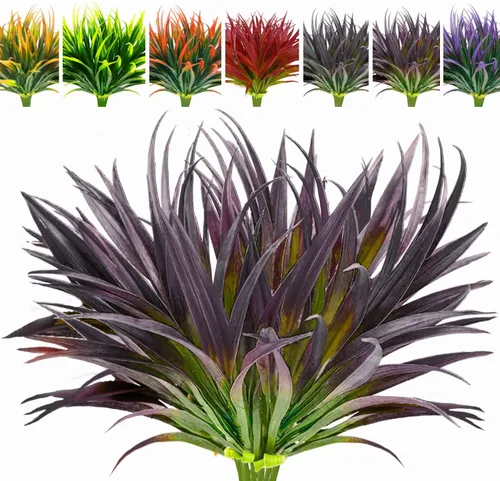 Vista 21 de 8 piezas flores artificiales de otoño para decoración al aire libre, plantas artificiales de otoño para exteriores, hierba amarilla artificial