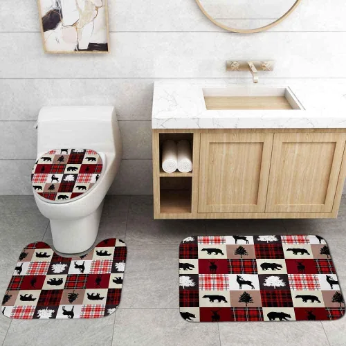 Vista 38 de Camille&Andrew - Juego de 4 cortinas de ducha de tela de ciervo rústico negro, alce, alce, pino, luna, casa de campo, panel rústico, tablero