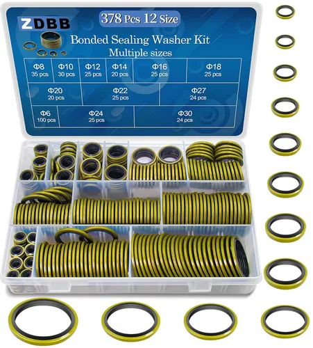 ZDBB Kit de 378 Piezas de Arandelas de Sellado Adheridas en 12 Tamaños, Juego Surtido de Reparación de Juntas de Goma y Metal con Sello AC