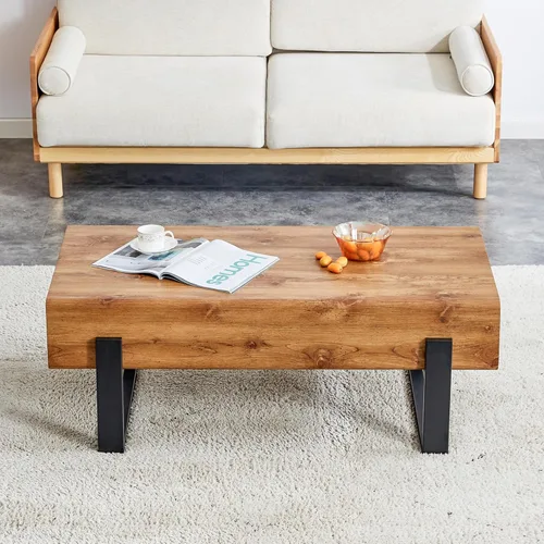 Vista 8 de Mesa de centro rectangular rústica, moderna mesa de centro simple de madera con patas de metal, mesa central para sala de estar